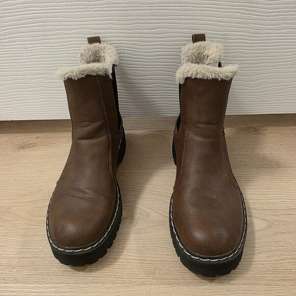 Portland Boot Company Brown Leather Faux Fur Trim Chelsea Ankle Boots Size 8 - Picture 4 of 7